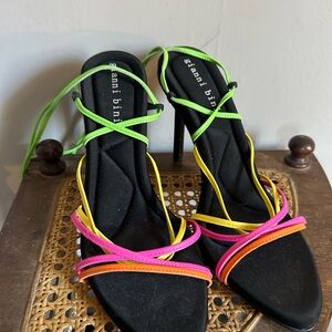 Gianni Bini Black Heels with Neon Pink Orange Yellow Green Straps